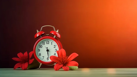 Alarm clock and red flower on wooden table with copy space.の素材