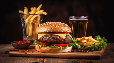 Cheese burger - American cheese burger with Golden French fries and ketchupの素材