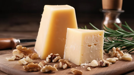 Cheese collection, piece of Parmesan cheese with walnuts and rosemary on wooden backgroundの素材