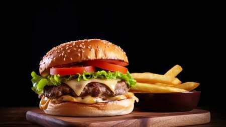 Tasty cheeseburger with french fries on wooden board on black backgroundの素材