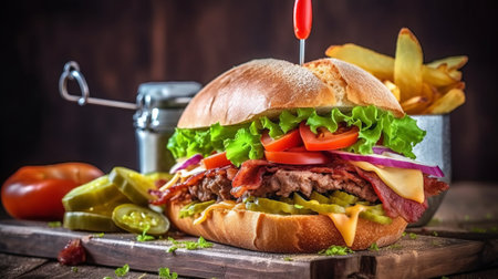 Cheese burger - American cheese burger with fresh vegetables on wooden backgroundの素材