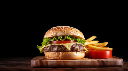 Hamburger and french fries on a wooden board on a black backgroundの素材