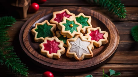 Christmas cookies in the form of stars on a wooden plate. Christmas background.の素材