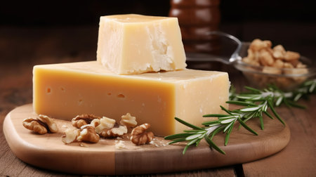 Cheese collection, piece of hard parmesan cheese with walnuts and rosemary on wooden backgroundの素材