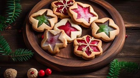 Christmas cookies in the form of stars and snowflakes on a wooden backgroundの素材