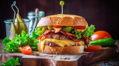 Cheese burger - American cheese burger with fresh salad on wooden backgroundの素材