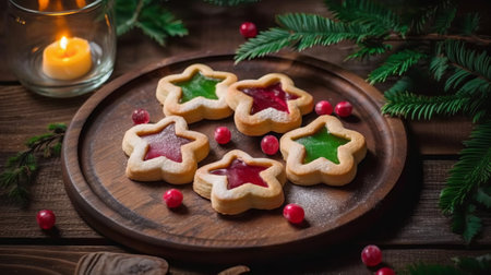 Christmas cookies with cranberries and star shaped jam on a wooden backgroundの素材