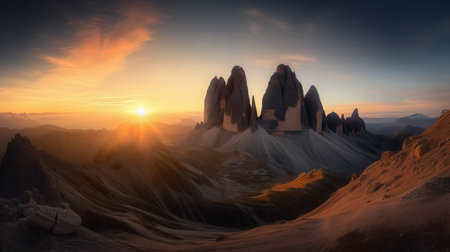 3D illustration of a fantasy landscape with mountains and sunset in the backgroundの素材
