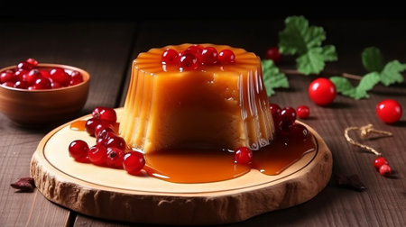 Delicious caramel pudding with cranberries on wooden table, closeupの素材