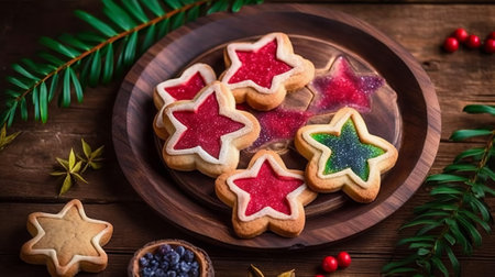 Christmas cookies in the shape of a star with jam on a wooden backgroundの素材