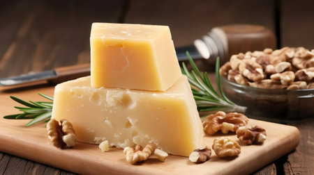Parmesan cheese with walnuts and rosemary on wooden backgroundの素材