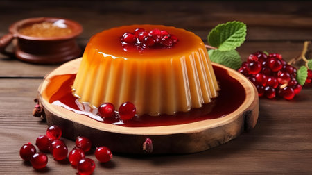 Delicious caramel pudding with pomegranate seeds on wooden tableの素材