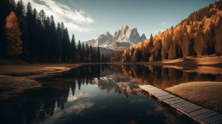 Fantastic autumn landscape of Dolomites mountain lake, Italyの素材