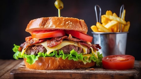Cheese burger - American cheese burger with Golden French fries on wooden backgroundの素材