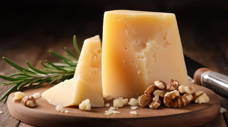 Cheese collection, piece of Parmesan cheese with walnuts and rosemary on wooden backgroundの素材