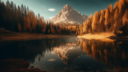 Fantastic autumn landscape. Small lake in the Dolomites.の素材