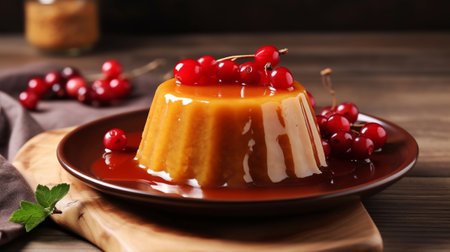 Delicious caramel pudding with cranberries on wooden table, closeupの素材