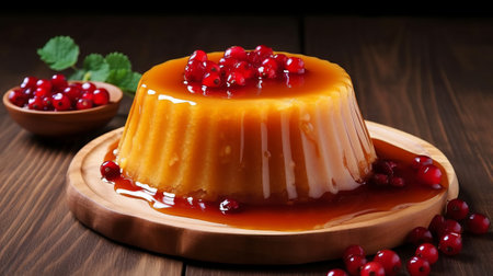 Caramel pudding with pomegranate seeds on a wooden backgroundの素材