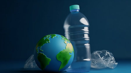 Plastic bottle and globe on blue background. Environment protection concept.の素材