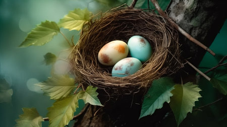 Easter eggs in a nest on a background of green leaves.の素材