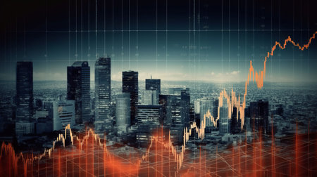 Forex trading candlestick chart on abstract city background. 3D renderingの素材