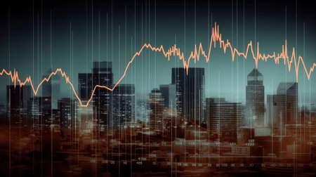 Double exposure of stock market graph and cityscape background. Business and financial concept.の素材