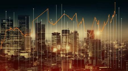 Double exposure of business graph and cityscape at night. Concept of stock market analysis.の素材