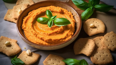 Bowl of homemade hummus with crackers and fresh basil leavesの素材