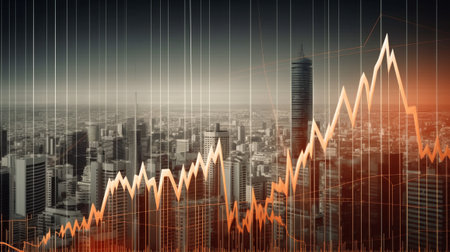 Double exposure of stock market graph and cityscape background. Investment and trading concept.の素材