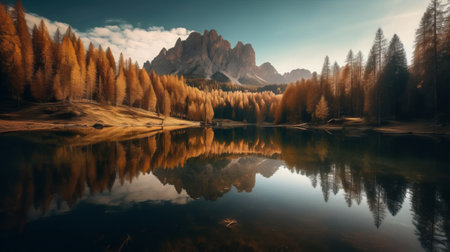 Autumn alpine lake in Dolomites, Italy, Europeの素材