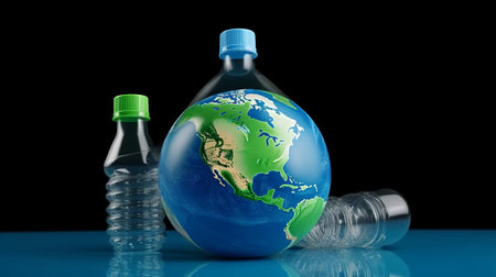 Globe and plastic bottles on black background. 3D illustration.の素材