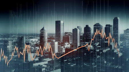 Digital composite of Stock market graphic against cityscape and blue sky backgroundの素材
