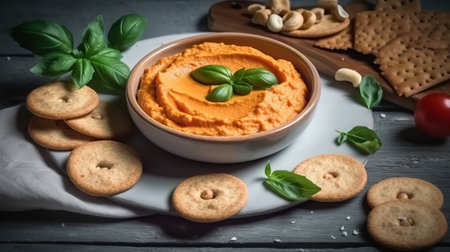 Bowl of tasty hummus with crackers and basil on wooden backgroundの素材