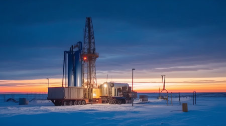 Oil drilling rig in the winter at sunset. Oil and gas industry.の素材