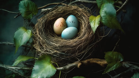 Easter eggs in the nest on the background of green leaves.の素材
