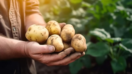 Farmer holding new potatoes in his hands. Selective focus. nature.の素材