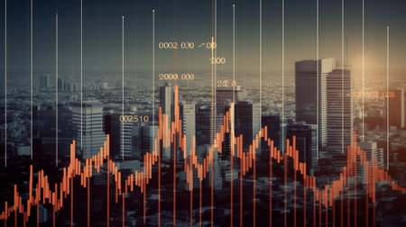 Double exposure of forex graph and cityscape at night. Concept of stock market analysis.の素材