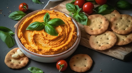 Bowl of tasty homemade tomato hummus with crackers on dark backgroundの素材