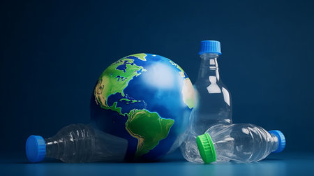 Plastic bottles and Earth globe on blue background. Recycling conceptの素材