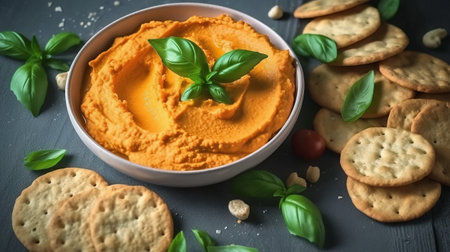 Bowl of tasty hummus with crackers and basil on dark backgroundの素材
