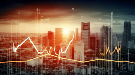 Double exposure of business graph and cityscape at sunset. Concept of stock market.の素材