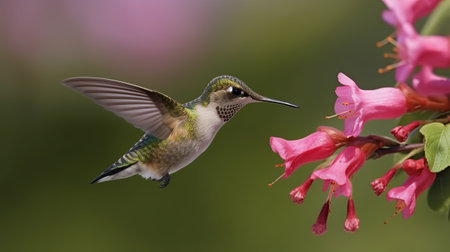 Male Ruby-throated Hummingbird (archilochus colubris) in flight with pink flowers in the backgroundの素材