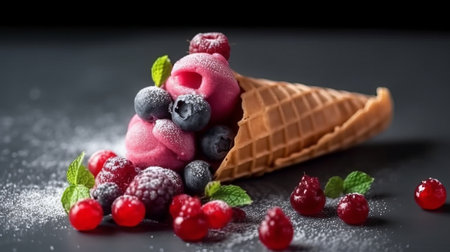 ice cream with berries in a waffle cone on a black backgroundの素材