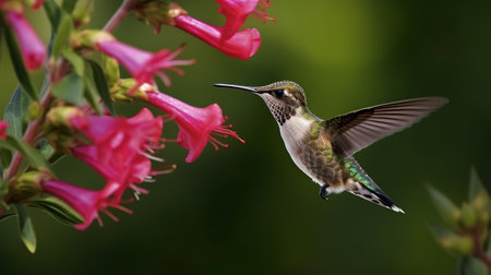 Ruby-throated Hummingbird (archilochus colubris) in flight with pink flowers in the backgroundの素材