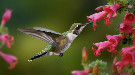 Ruby-throated Hummingbird (archilochus colubris) in flight with pink flowers in the backgroundの素材