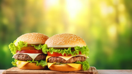 Two cheeseburgers on a wooden board on a green backgroundの素材