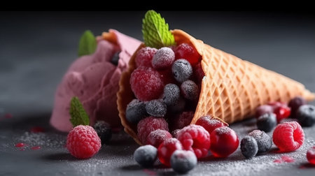 Ice cream in waffle cone with frozen berries and mint on black backgroundの素材