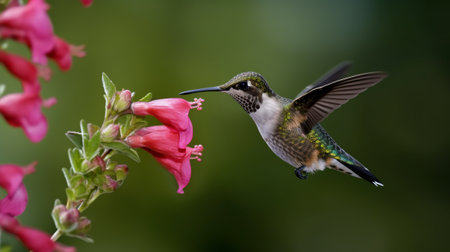 Ruby-throated Hummingbird (archilochus colubris) in flight with pink flowers in the backgroundの素材