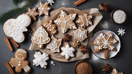 Christmas gingerbread cookies with spices on a dark background, top viewの素材