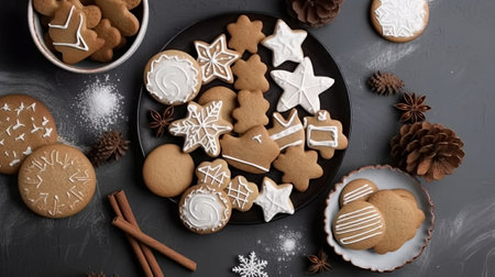 Christmas gingerbread cookies on dark background, top view, flat layの素材